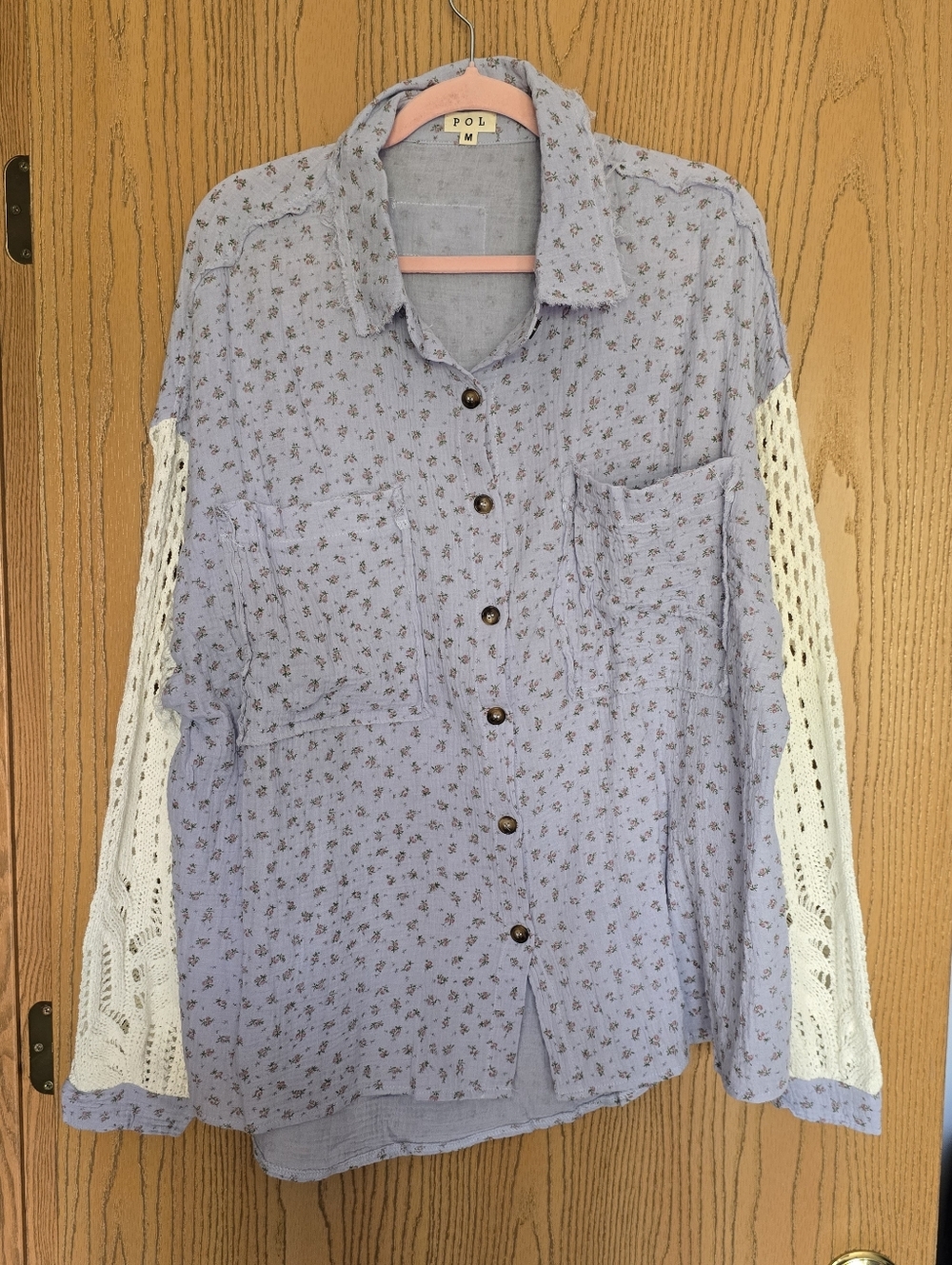 POL NWOT Light Blue Button-Front Shirt with White Crochet Sleeves - Picture 2 of 6